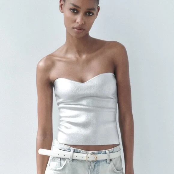 ZARA Silver Foil Metallic Strapless Tube Top - Picture 1 of 9